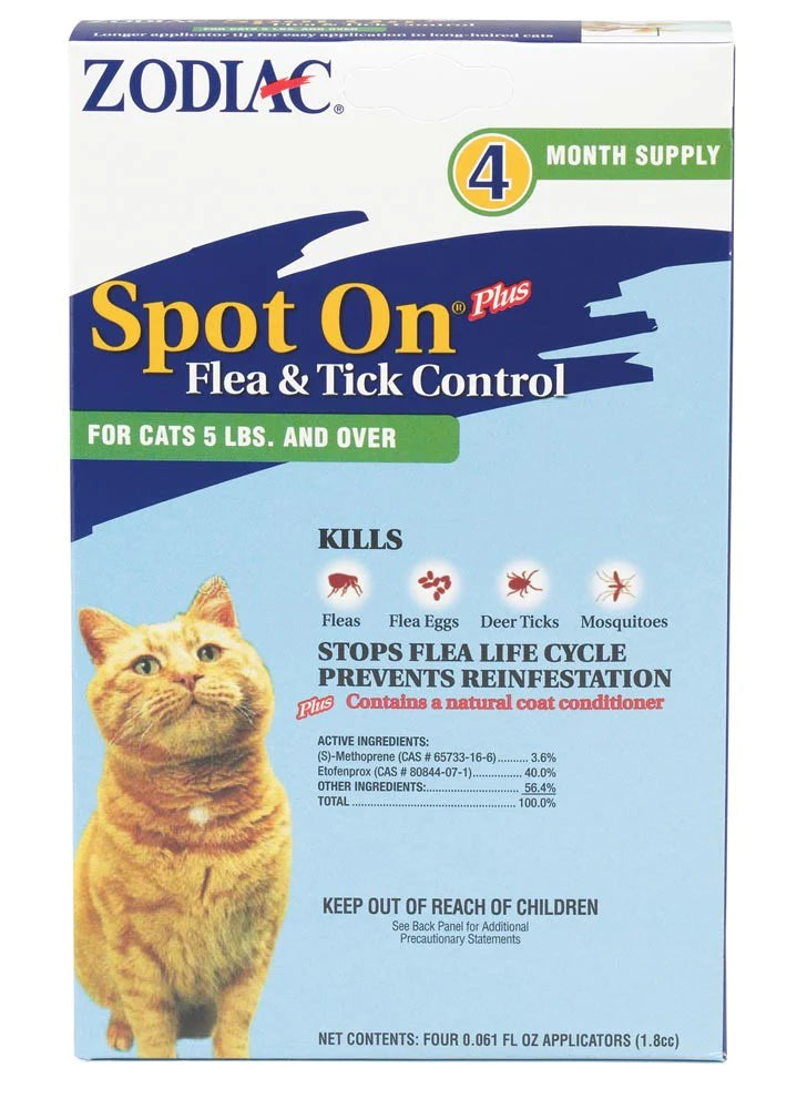 Zodiac Spot On Plus Flea & Tick Control for Cats 1ea/5 Lbs And Over, 4 pk-