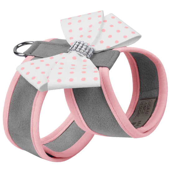 Puppy Pink Polka Dot Nouveau Bow Tinkie Harness with Puppy Pink Trim-