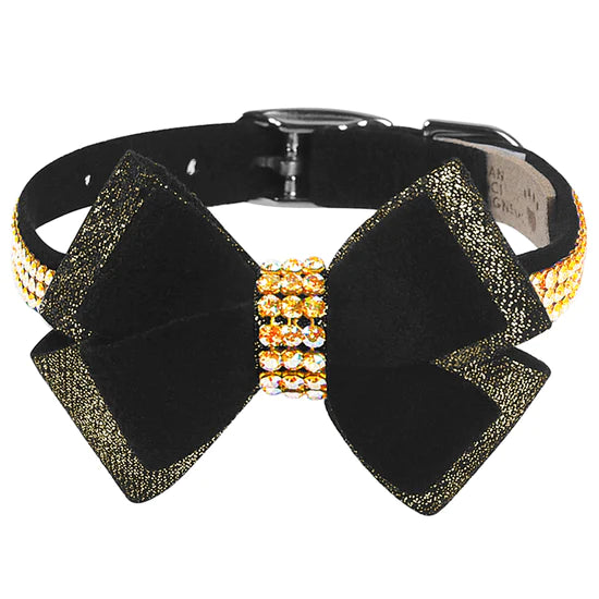 Black Glitzerati Double Nouveau Bow 3 Row Gold Giltmore 1/2" Collar-TC-Black-