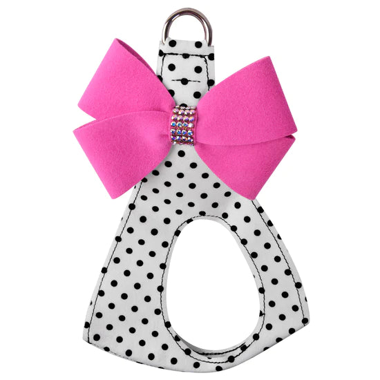 Pink Sapphire Nouveau Bow with Aurora Borealis Giltmore Step In Harness-TC-Black & White Polka Dot-