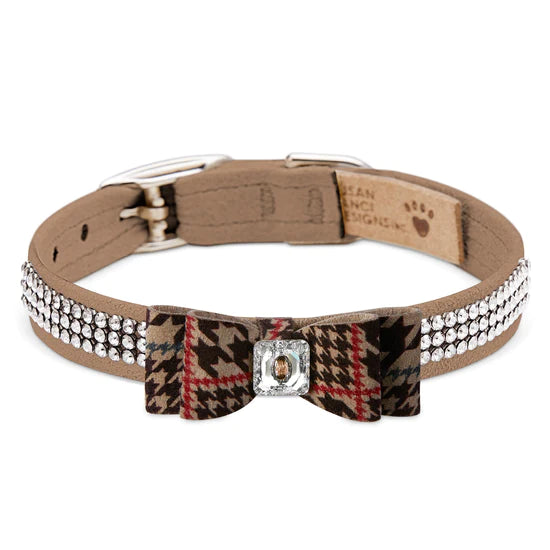 Chocolate Glen Houndstooth Big Bow 3 Row Giltmore Collar-TC-Fawn-