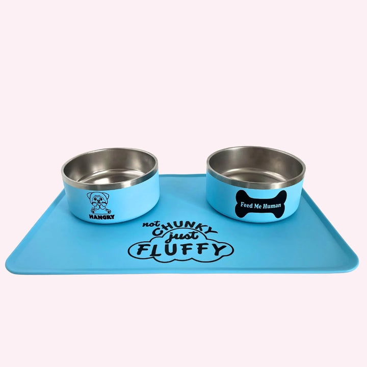 "Not Chunky Just Fluffy" Blue Dog Food Mat