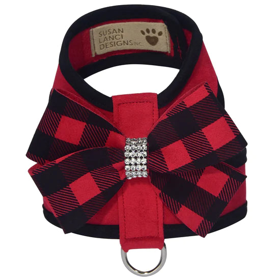 Red Gingham Nouveau Bow Tinkie Harness with Black Trim-