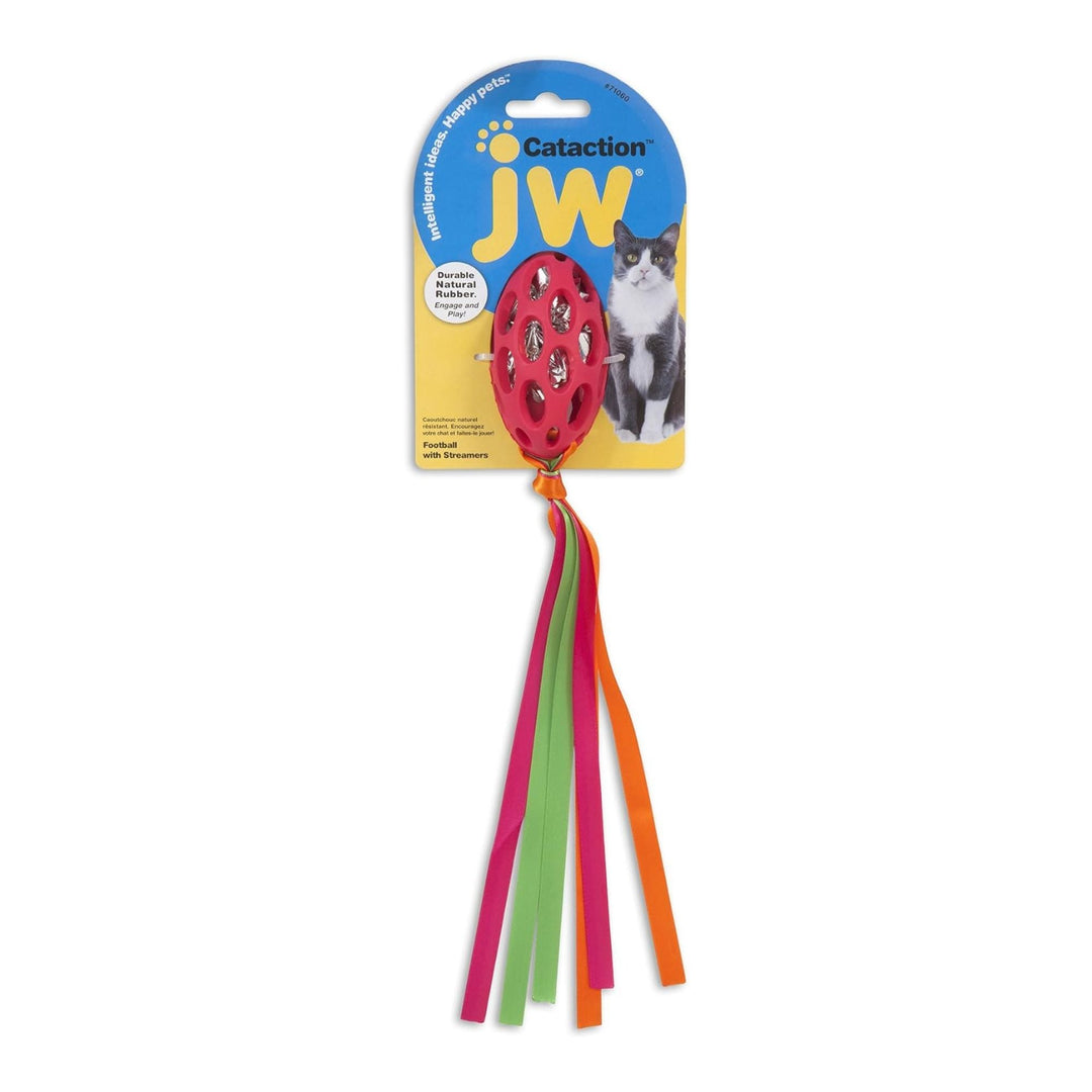 JW Pet Cataction Football with Streamers Cat Toy Red 1ea/One Size