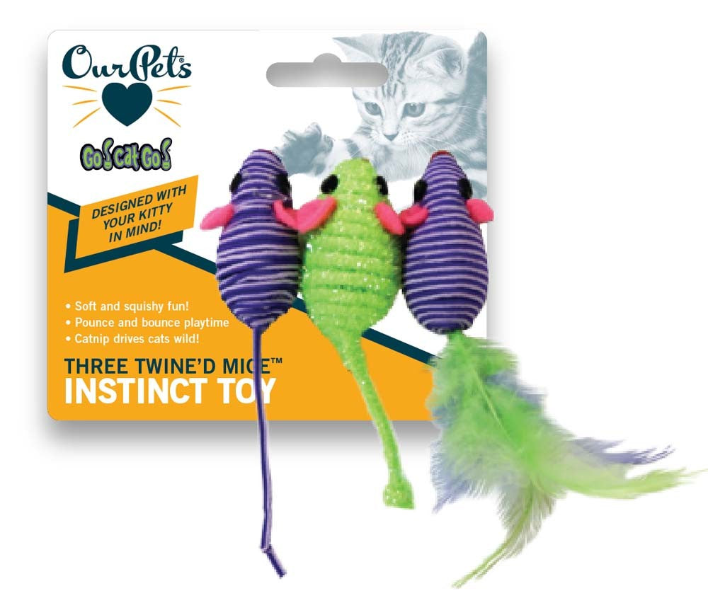 OurPets Three Twined Mice Catnip Toy Green, Purple 1ea/3 pk