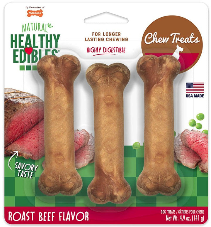 Nylabone Natural Healthy Edibles Chew Dog Treats Roast Beef Regular - 3 count-